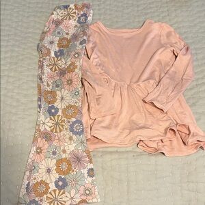 Angel Dear Girls Pink Ribbed Peplum Top with Floral Flare Pants Set